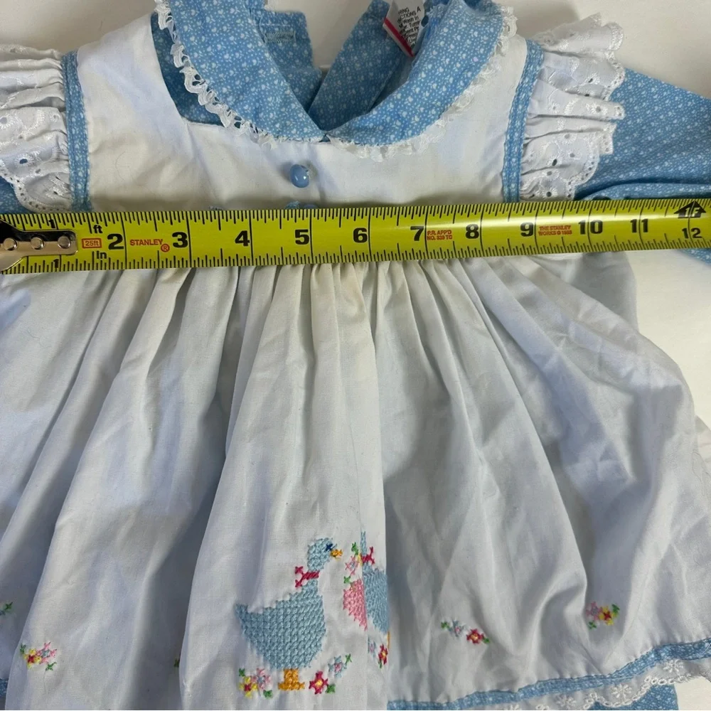 VTG Baby Pinafore Apron Dress with Embroidered Geese Lace Hearts Goose Peter Pan